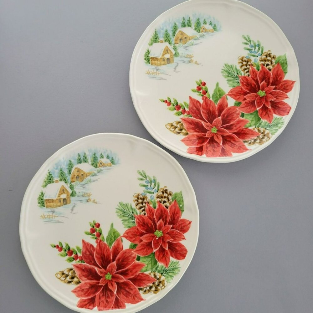 Winter Poinsettia Salad Plate, Set of 2, Cabin in Snow, Pinecone & Floral Design
